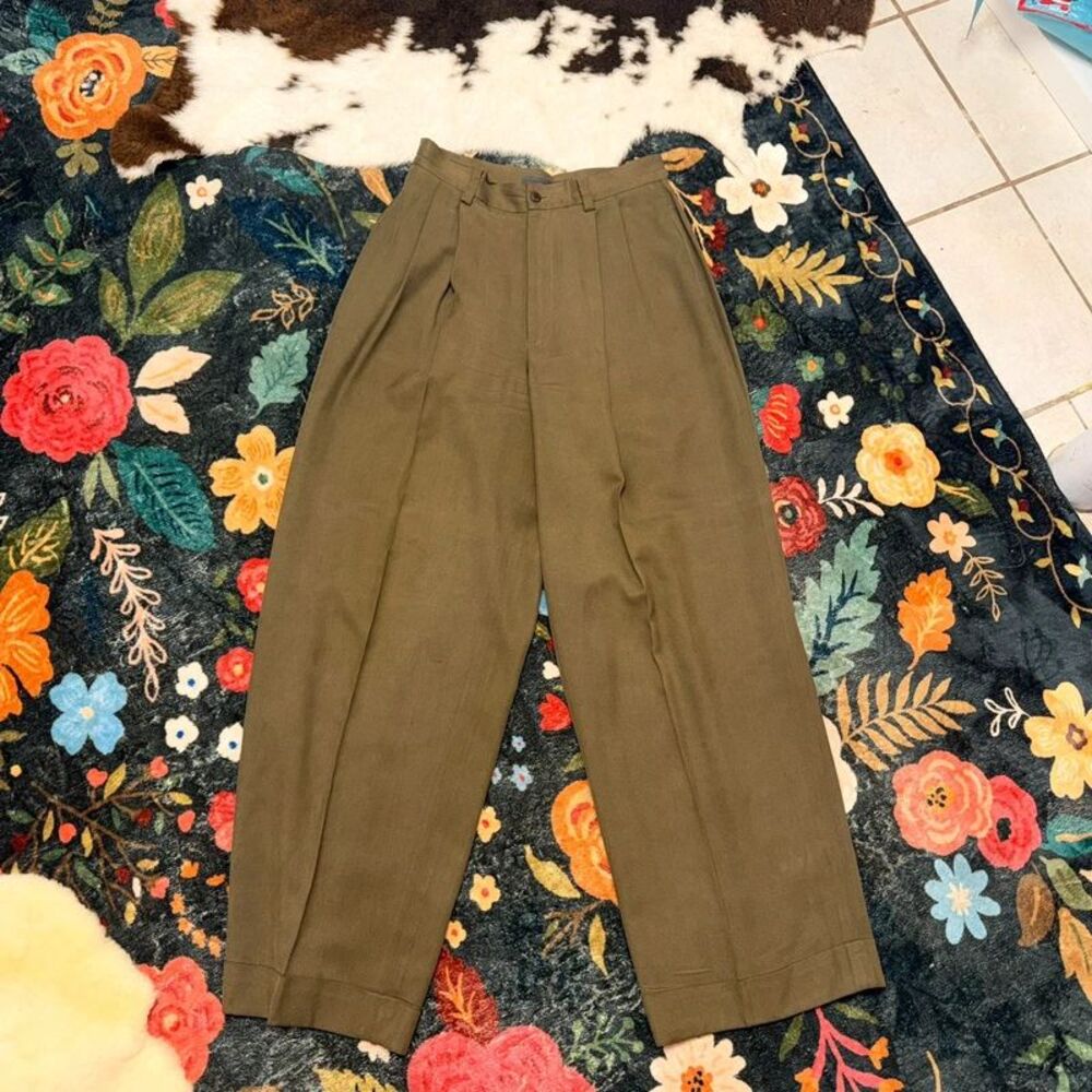 Vintage Banana Republic 100% Silk Pleated High Rise Trousers Olive Green Size 8